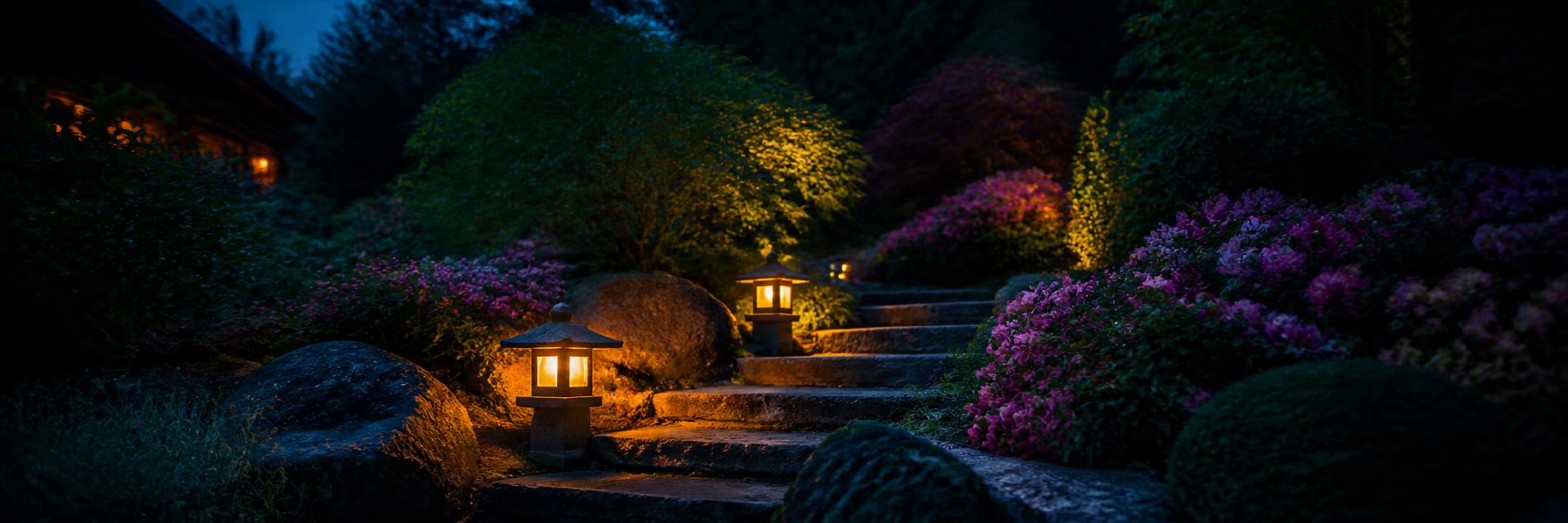 Lantern-lit garden steps at dusk