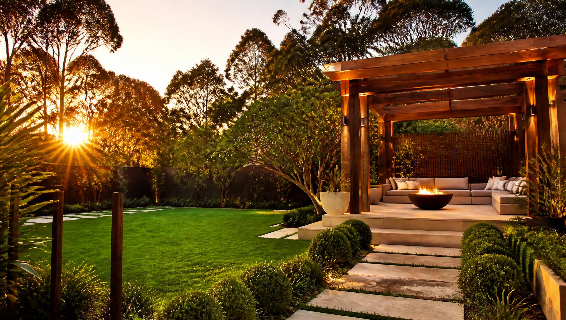Landscaped Melbourne backyard at sunset with lawn, paving and pergola